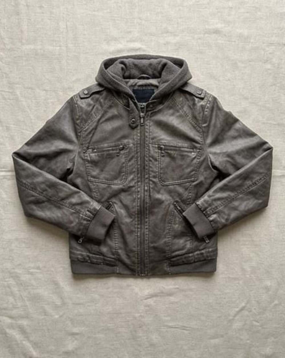 Bernardo Men's Faux Leather Hooded Bomber Jacket with Diamond Quilted Back